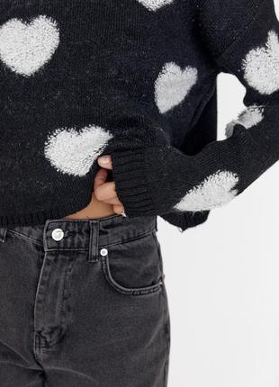 Женский вязаный свитер oversize с сердечками - черный цвет, l (есть размеры)4 фото