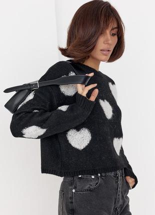 Женский вязаный свитер oversize с сердечками - черный цвет, l (есть размеры)7 фото