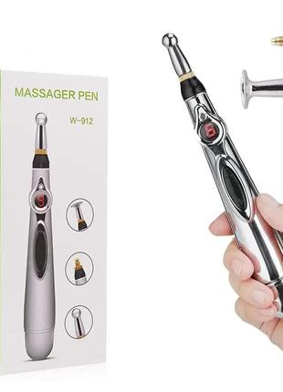 Массажер для тела электрический ручной (массажная ручка) 3в1 massager pen w-912 на батарейках серебристый