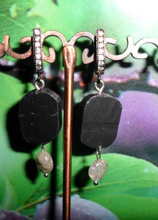 Серьги с натуральным мадагаскарским черным турмалином-шерлом и рутиловым кварцем, камень ведьмы, оберегает, handmade
