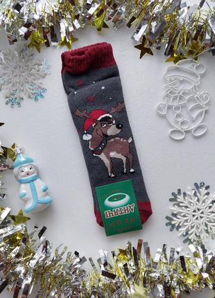 Дитячі махрові зимові новорічні шкарпетки "леор" для дівяаток на 5-7років. 18-20см.україна.темно-сірі.