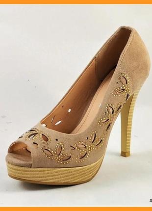 Женские бежевые туфли на каблуке шпильке замшевые модельные (размеры: 36,37,38,39,40,41)3 фото