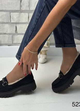 Зимние утепленные мехом туфли лоферы автоледи натуральная кожа замш