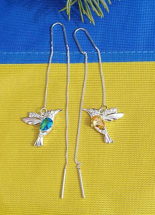 Серьги колибри из серебра