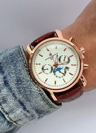 Дуже якісний чоловічий наручний годинник золотого кольору, на ремінці, відображення дати2 фото
