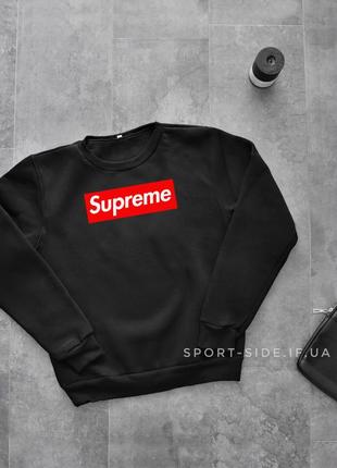 Теплый мужской свитшот supreme (суприм) зима черный толстовка лонгслив (чоловічий світшот) теплий зимовий