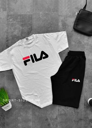 Летний комплект шорты и футболка fila (белая футболка , черные шорты) большой логотип1 фото