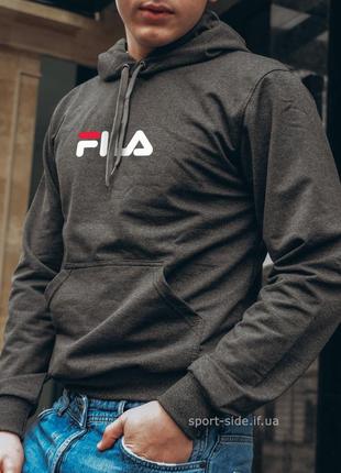 Мужская толстовка fila (фила) темно серая (большая эмблема) кенгуру худи