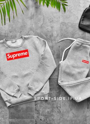 Теплий чоловічий спортивний костюм supreme (супрім) світло-сірий, світшот штани (толстовка лонгслів)1 фото