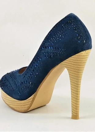Женские синие туфли на каблуке шпильке замшевые модельные (размеры: 36,37,38,39,40)5 фото