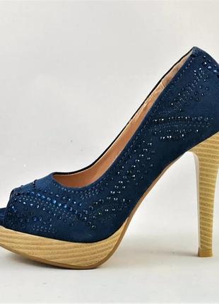 Женские синие туфли на каблуке шпильке замшевые модельные (размеры: 36,37,38,39,40)4 фото