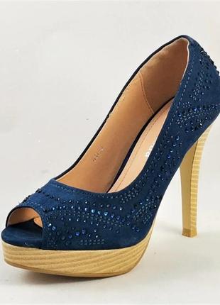 Женские синие туфли на каблуке шпильке замшевые модельные (размеры: 36,37,38,39,40)7 фото