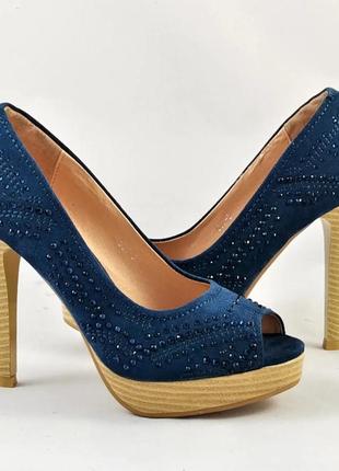Женские синие туфли на каблуке шпильке замшевые модельные (размеры: 36,37,38,39,40)6 фото