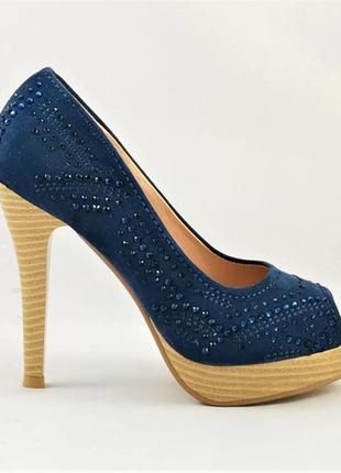 Женские синие туфли на каблуке шпильке замшевые модельные (размеры: 36,37,38,39,40)8 фото