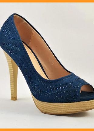 Женские синие туфли на каблуке шпильке замшевые модельные (размеры: 36,37,38,39,40)2 фото