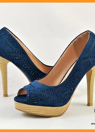 Женские синие туфли на каблуке шпильке замшевые модельные (размеры: 36,37,38,39,40)3 фото