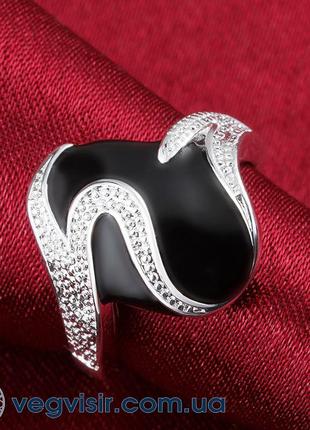 Шикарное женское кольцо с черным камнем кристаллы стерл. серебро 925 проба регулируемое с камнями3 фото