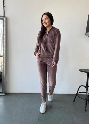 Женский велюровый спортивный костюм s-5xl  (42-44 46-48 50-52 54-56) худи с капюшоном штаны мокко