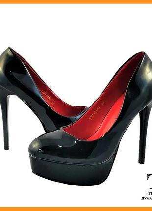 Женские чёрные туфли на каблуке шпильке лаковые модельные (размеры: 36,37,38,39)