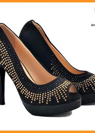 Женские черные туфли на каблуке шпильке замшевые модельные (размеры: 36,37,38,39,40,41)