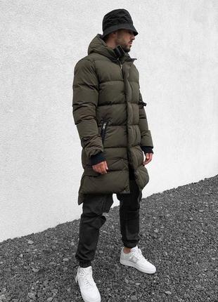 Хаки мужская теплая зимняя куртка удлинена