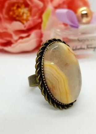 💍🐈 овальное кольцо в винтажном стиле натуральный камень бежевый агат3 фото