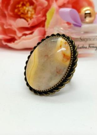 💍🐈 овальное кольцо в винтажном стиле натуральный камень бежевый агат4 фото