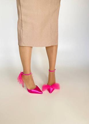 Туфлі на підборах с бантиком  атлас рожеві барбі7 фото