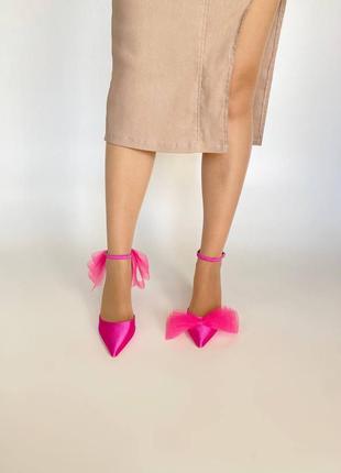 Туфлі на підборах с бантиком  атлас рожеві барбі9 фото