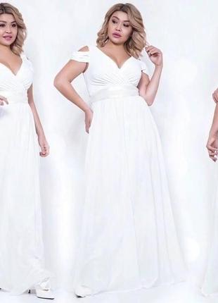 48-52р белое вечернее платье батал в пол короткий рукав атлас шифон стрейч масло свадебное праздничное