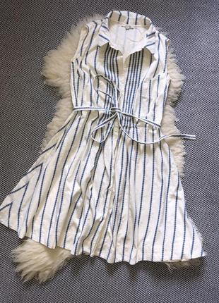 Платье сарафан в полоску натуральное миди с поясом воротник8 фото