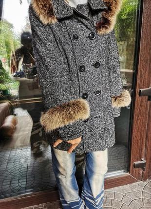 Пальто с мехом saga furs mangust теплое зимнее шерстяное короткое куртка с капюшоном двубортное5 фото