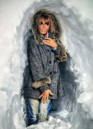 Пальто с мехом saga furs mangust теплое зимнее шерстяное короткое куртка с капюшоном двубортное1 фото