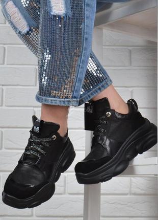Кросівки жіночі шкіряні richi black teddy на платформі чорні натуральна шкіра