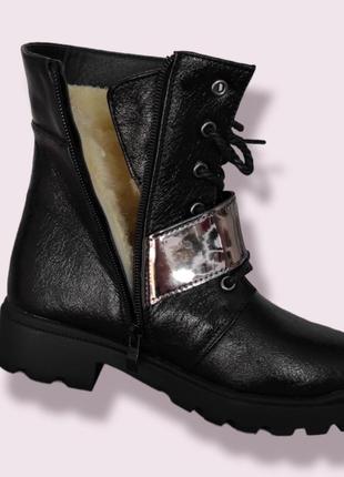Черные зимние ботинки на каблуке овчинке для девочки7 фото