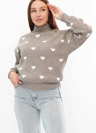 Женский теплый свитер с сердечками серый9 фото