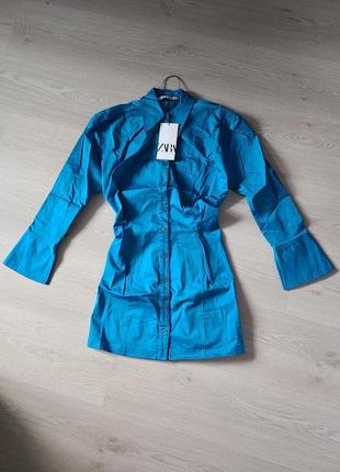 Платье рубашка с рукавами на пуговицах синее електрик голубое xxs xs zara 8908/8145 фото