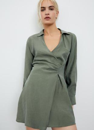 Платье рубашка на запах с рукавами хаки zara s m 3067 3225 фото