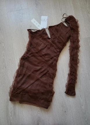 Платье фатин жатка на одно плечо коричневый нарядный вечерний zara xs s m l 7385/3255 фото