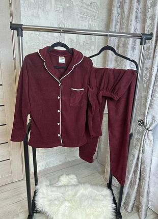 Бордо флисовая теплая пижама/домашний костюм рубашка и штаны 42-50