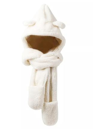 Шапка-шарф с ушками 3 в 1 (мишка, медведь, капюшон, варежки) с карманами белый, унисекс