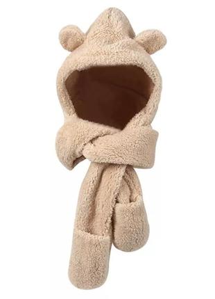 Шапка-шарф с ушками 3 в 1 (мишка, медведь, капюшон, варежки) с карманами, унисекс3 фото