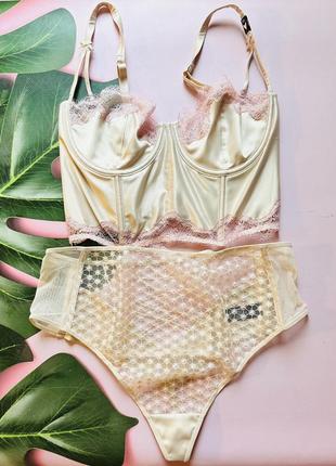 Сатиновый золотистый комплект белья 34с/м victoria’s secret. оригинал
