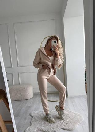 Спортивный костюм на флисе кофта кенгуру с капюшоном худи на молнии штаны джоггеры комплект теплый базовый черный бежевый коричневый хаки