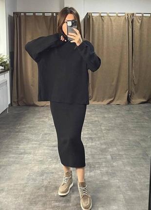 Женский современный черный базовый черный костюм(юбка+свитер) 2023 весна осень