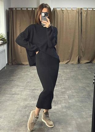 Женский современный черный базовый черный костюм(юбка+свитер) 2023 весна осень2 фото