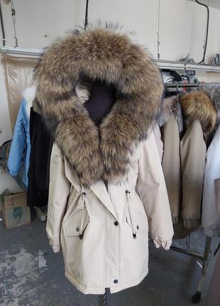 Невероятной красоты женская зимняя парка куртка бежевая с мехом финского енота, шаль,...