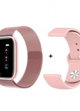 Смарт-часы smart watch t80s pink + 2 браслета - стальной и силиконов(температура, пульс, давление, кислород)
