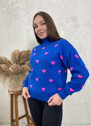 Теплий оверсайз светр з принтом серце вязаний вовняний светр з горловиною1 фото
