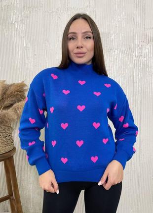 Теплий оверсайз светр з принтом серце вязаний вовняний светр з горловиною3 фото